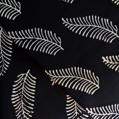 ( Blouse piece 1 METER )Pure Cotton Black With Diagonal White Fern Hand Block Print Fabric