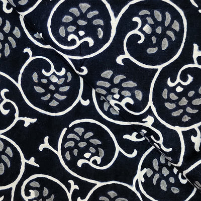 Pure Cotton Black With White  Grey  Fruit Jaal Hand Block Print Fabric