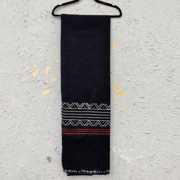 ( Width 55 Inches) Pure Cotton Black With Hakoba Grey And Rust Border Hand Block Print Fabric Tribal Warli Border
