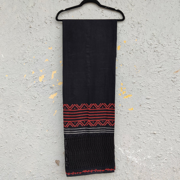 ( Width 55 Inches ) Pure Cotton Black With Hakoba Rust And Grey Border Hand Block Print Fabric Tribal Warli Border