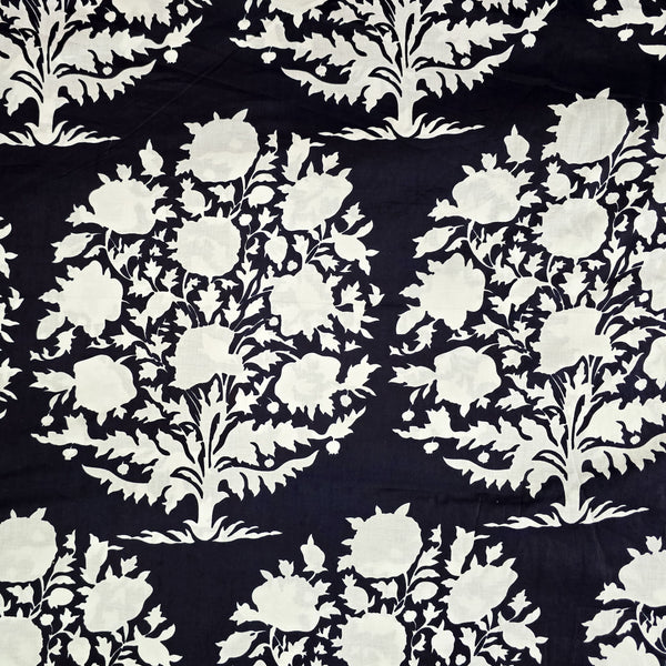 Pure Cotton Dark Blue With White Big Flower Plant Motif Screen Print Fabric