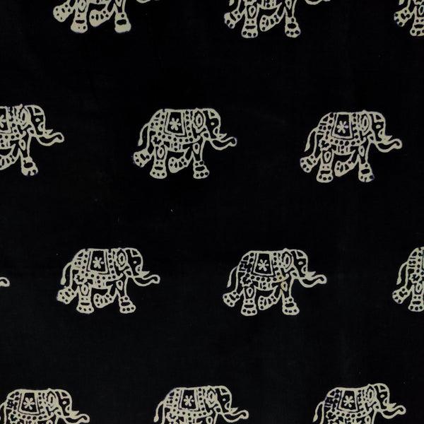 PRE-CUT 1 METER Pure Cotton Black With White Elephant Hand Block Print Fabric