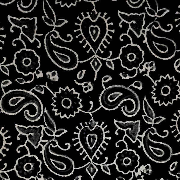 ( Pre-Cut 0.85 Meter ) Pure Cotton Black With White Kairi Jaal Hand Block Print Fabric