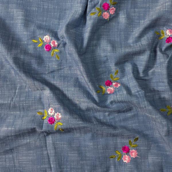 (Width 57 Inches ) Pure Cotton Blue With Emboriderey  Hand Woven Fabric