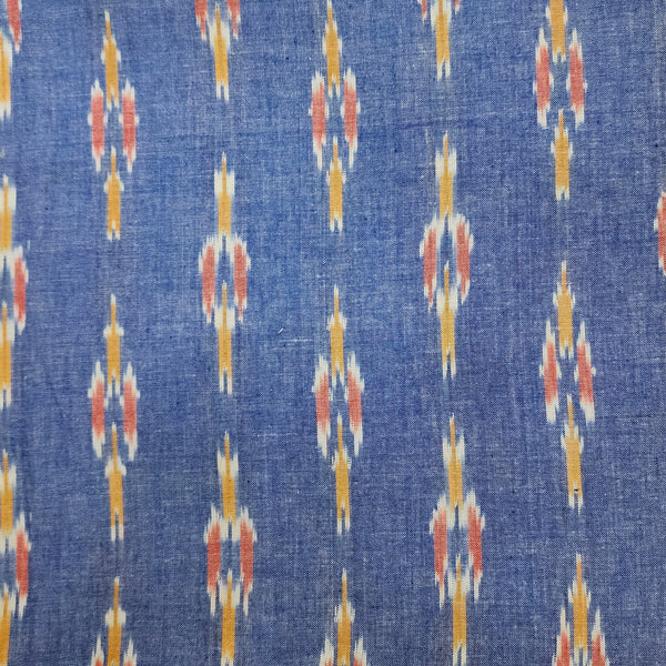 Pure Cotton  Special Ikkat Blue With Mustard Light Orange Motif Hand Woven Fabric