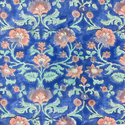 ( Pre-Cut 1.10 Meter ) Pure Cotton Blue With Orange Jungle Flower Jaal Jaipuri Hand Block Print Fabric