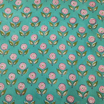 Pure Cotton Blue With Pink Flower Hand Block Print Fabric