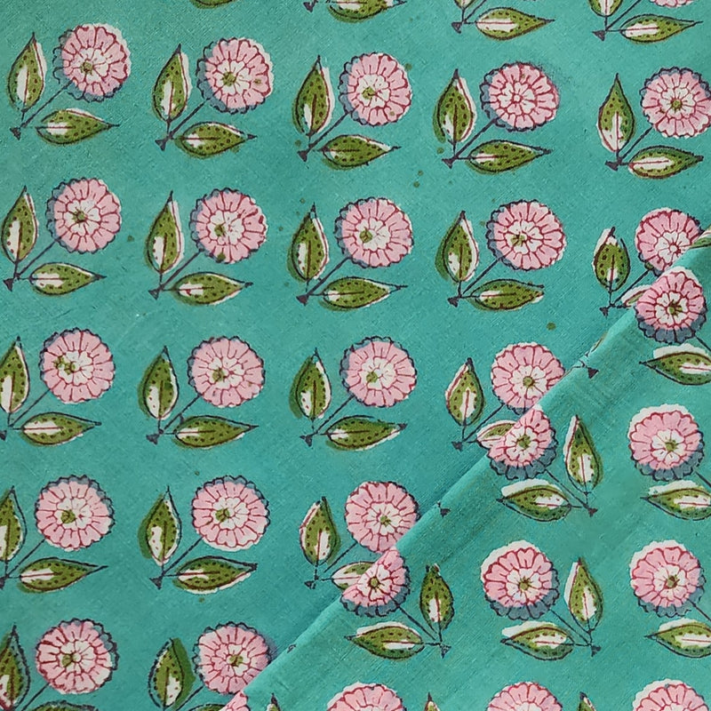 Pure Cotton Blue With Pink Flower Hand Block Print Fabric