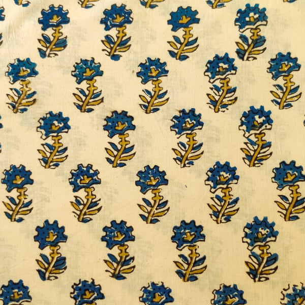 ( Pre-Cut 1 Meter ) Pure Cotton Cream Ajrak With Blue Tiny Plant Hand Block Print Fabric