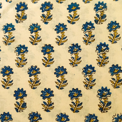 ( Pre-Cut 0.90 Meter ) Pure Cotton Cream Ajrak With Blue Tiny Plant Hand Block Print Fabric
