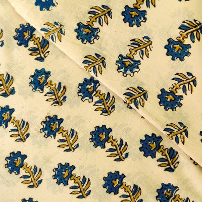 ( Pre-Cut 0.90 Meter ) Pure Cotton Cream Ajrak With Blue Tiny Plant Hand Block Print Fabric