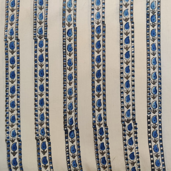 Pre-Cut 1.20 meter Pure Cotton Cream Double Ajrak With Grey Blue Kairi Border Hand Block Print Fabric