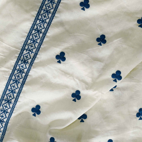 PRE-CUT 2.30 METER Pure Cotton Cream With Blue Clubs Embroidery Fabric With A Border