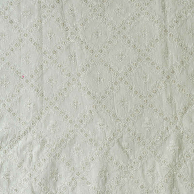 ( Pre-Cut 1.95 Meter ) Width 44 Inches Pure Cotton Cream With Diagonal Embroidered Checks Fabric