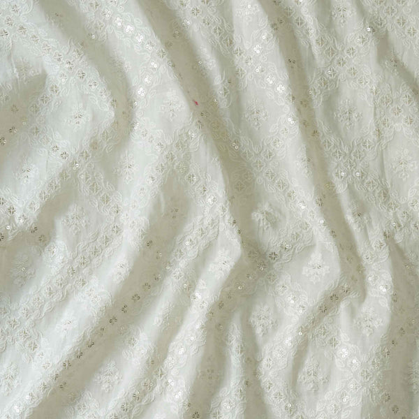 ( Pre-Cut 1.95 Meter ) Width 44 Inches Pure Cotton Cream With Diagonal Embroidered Checks Fabric