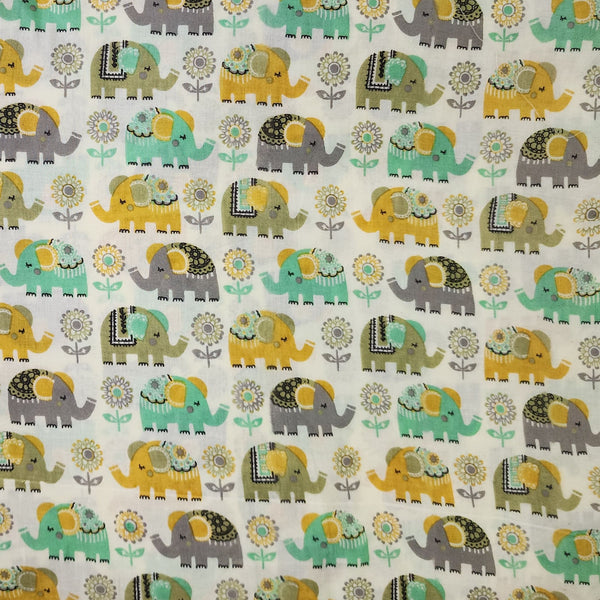 Pure Cotton Cream With Light Green And Yellow And Green Elephant Screen Print Fabric
