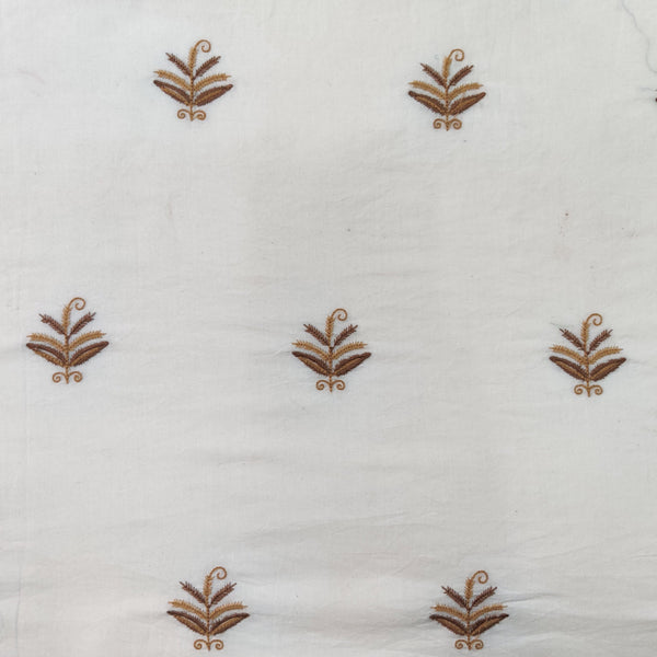 ( Pre-Cut 1 Meter ) Pure Cotton Cream With Tiny Shades Of Brown Plant Embroiedered Fabric
