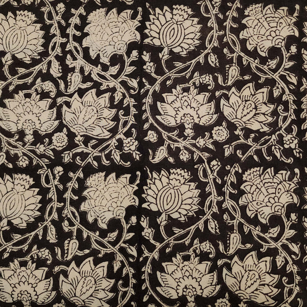Pre-cut 1.5 meter  Pure Cotton Dabu Bagru Black With Beige Beautiful Floral Jaal Hand Block Print Fabric