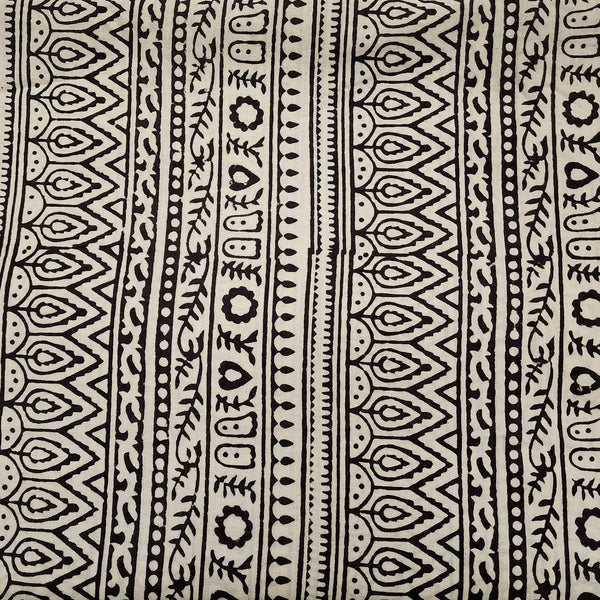 ( Pre-Cut 1.60 Meter ) Pure Cotton Dabu Bagru Cream With Black Multi Border Hand Block Print Fabric