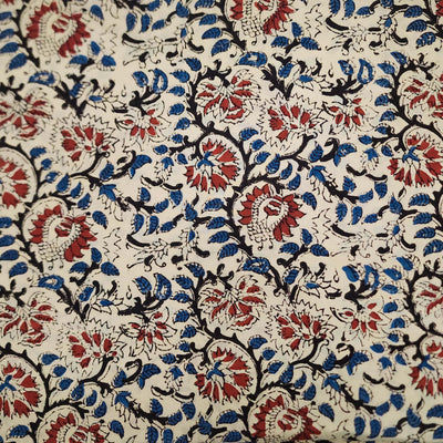( Pre-Cut 1.40 Meter )Pure Cotton Dabu Bagru Cream With Red Blue Floral Jaal Hand Block Print Fabric