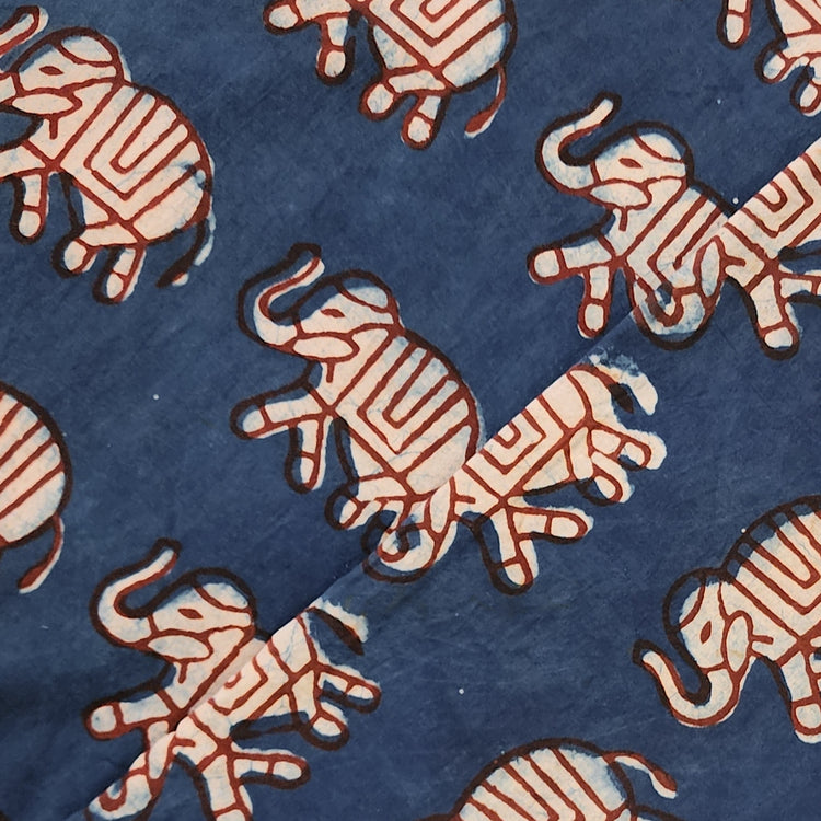 ( PreCut 0.90 Meter )Pure Cotton Dabu Blue With Cream And Red Elephan