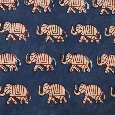 Pure Cotton Dabu Blue With Cream And Red Elephant  Hand Block Print Fabric