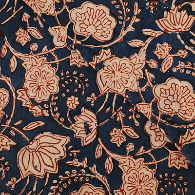 Pure Cotton Dabu Blue With Cream And Red Flower Jaal  Hand Block Print Fabric