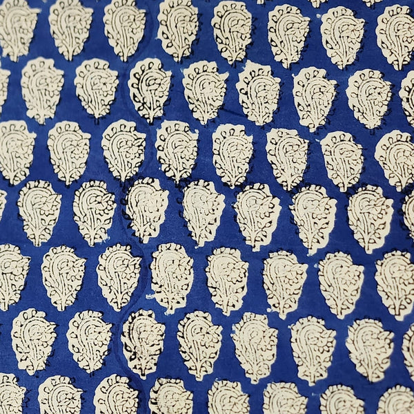 ( Pre-Cut 1.50 Meter ) Pure Cotton Dabu Blue With Cream Flower Motif Hand Block Print Fabric