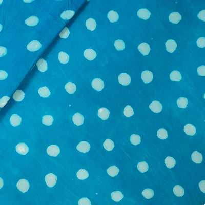 ( Pre-Cut 1.45 Meter ) Pure Cotton Dabu Light  Blue With White  Polka Dots Hand Block Print Fabric