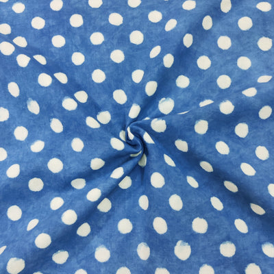 Pure Cotton Dabu Blue With Cream Polka Dots Hand Block Print Fabric