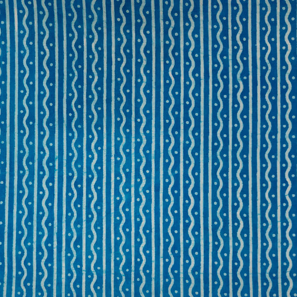 Pure Cotton Dabu Blue With Off White Stripes With Zig-Zag  Hand Block Print Fabric