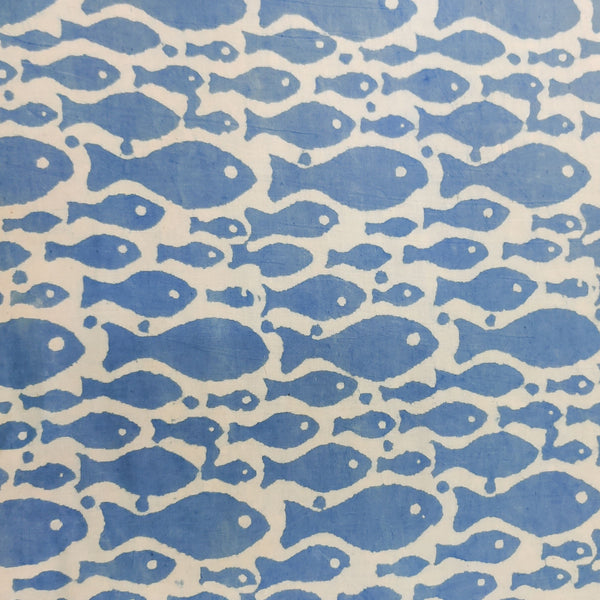 Pure Cotton Dabu Cream With Blue Family Of Fish Hand Block Print Fabric
