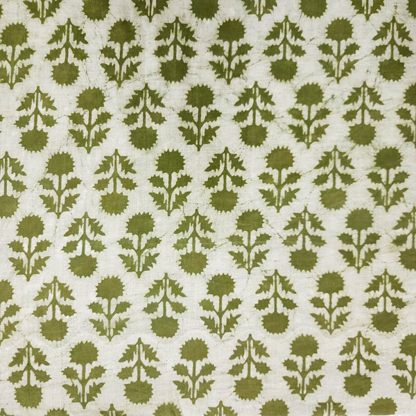 Pure Cotton Dabu Cream With Green Flower Motifs Hand Block Print Fabric