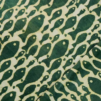 Pure Cotton Dabu  Cream With Dark Green Family Of Fish Hand Block Print Fabric