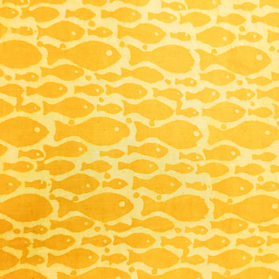 Pure Cotton Dabu  Cream With Yellow Family Of Fish Hand Block Print Fabric