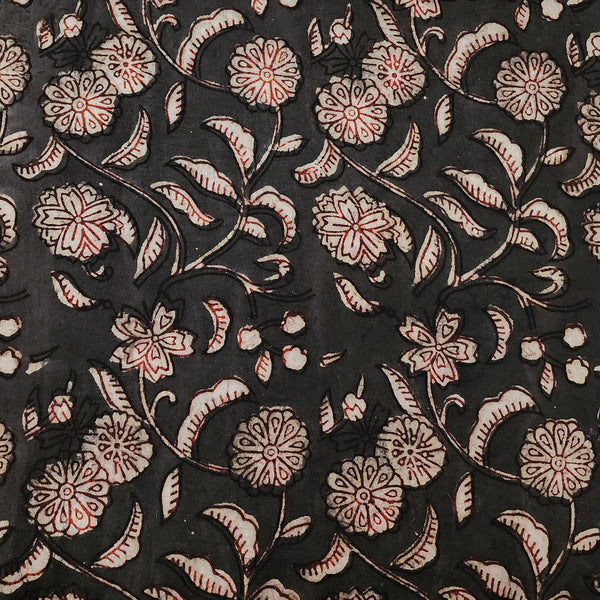 Pure Cotton Dabu Dark Brown And Cream Jungle Flower Jaal Hand Block Print Fabric