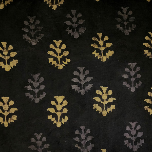 Pure Cotton Dabu Dark Brown With Mustard Flower Motif Hand Block Print Fabric