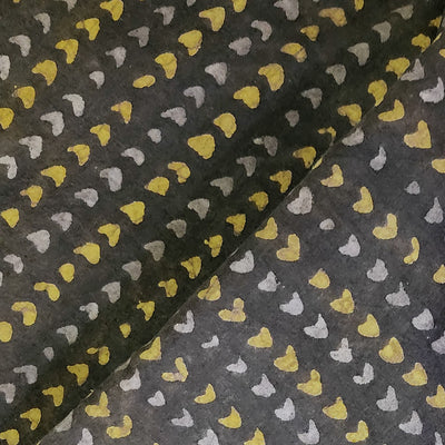 ( Pre-Cut 0.80 Meter ) Pure Cotton Dabu Dark Brown With Mustard Small Hearts Stripes Hand Block Print Fabric