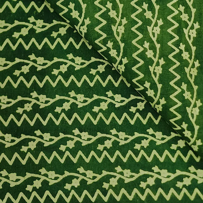 Pure Cotton Dabu  Dark Green And Off White Creeper  Hand Block Print Fabric