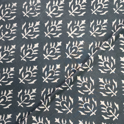 Pure Cotton Dabu Dark Grey With White Flower Motif Hand Block Print Fabric