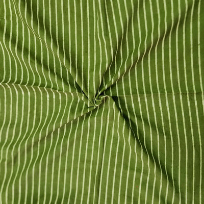 ( Pre-Cut 1 Meter )Pure Cotton Dabu Mehendi Green With Stripes Hand Block Print Fabric