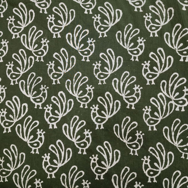 Pre-cut 2.40 meter Pure Cotton Dabu Green With Peacock Hand Block Print Fabric