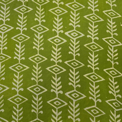 Pure Cotton Dabu Green With White Flower Creeper Hand Block Print Fabric