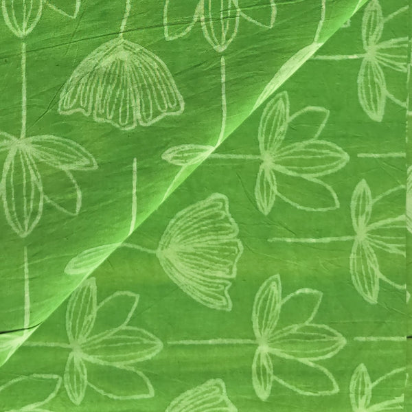 ( Pre-Cut 1.66 Meter ) Pure Cotton Dabu Green With White Lotus Creeper Hand Block Print Fabric