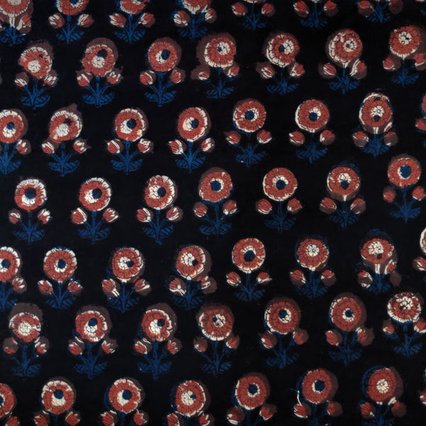 (Pre Cut 0.96 Meter )Pure Cotton Dabu Jahota Earth Black With Rust Blue Rose Hand Block Print Fabric