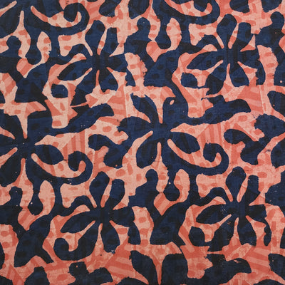 Pure Cotton Jahota Peach Rust With Navy Floral Jaal Hand Block Print Fabric