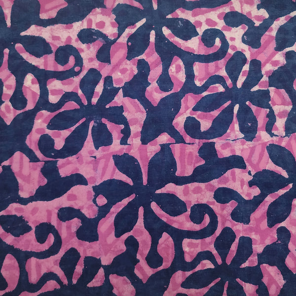 Pure Cotton Jahota Pink With Navy Floral Jaal Hand Block Print Fabric