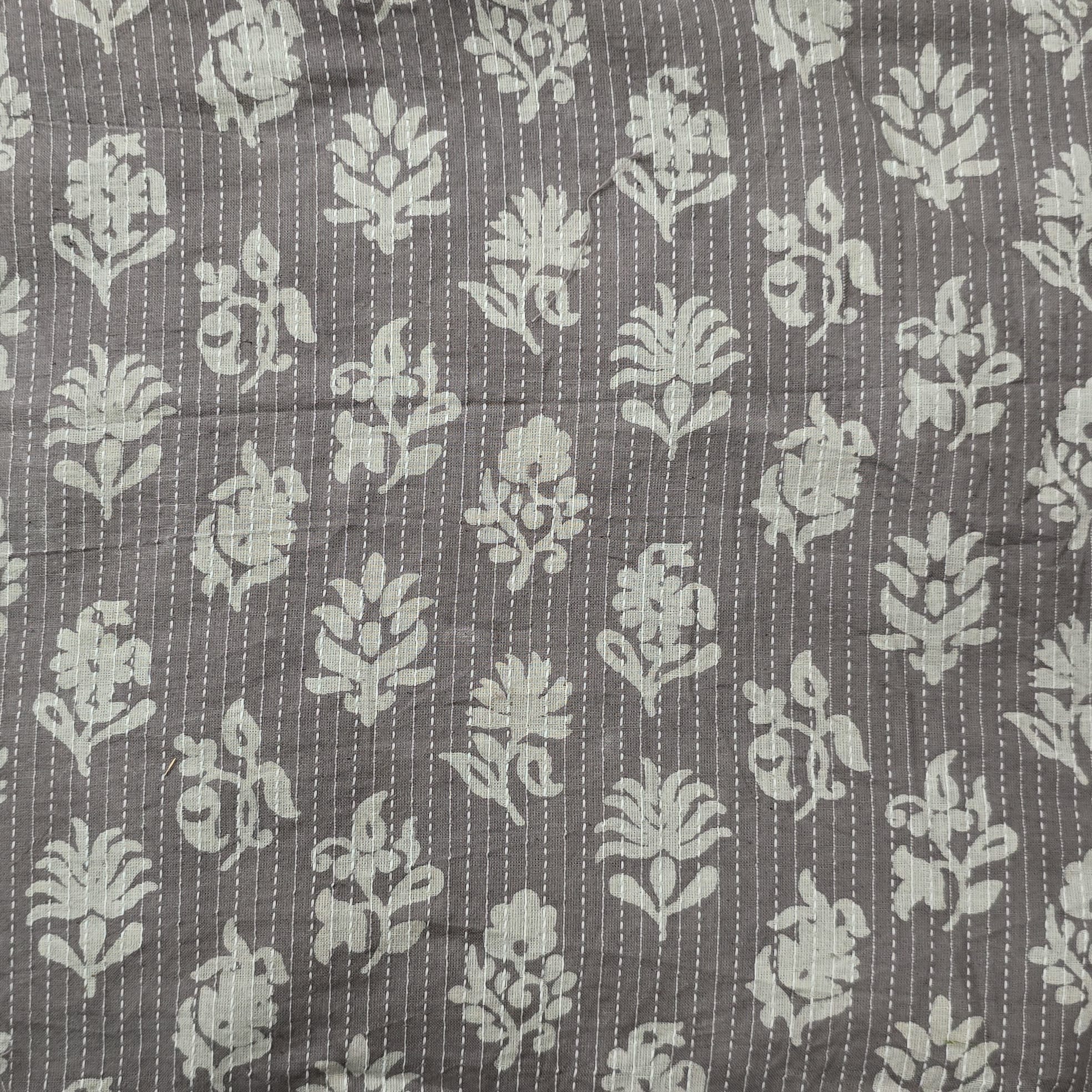 Pure Cotton Kashish Kaatha Grey With White Flower Motif Hand Block Pri ...