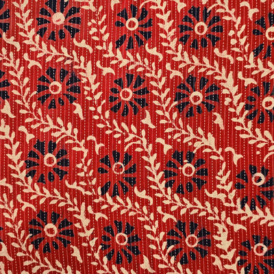 Pure Cotton Dabu Kaatha Red With Blue Flower Creeper Hand Block Print Fabric