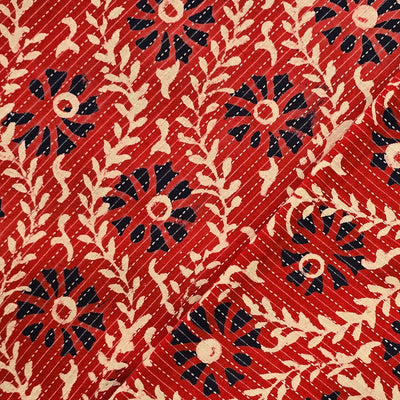 Pure Cotton Dabu Kaatha Red With Blue Flower Creeper Hand Block Print Fabric